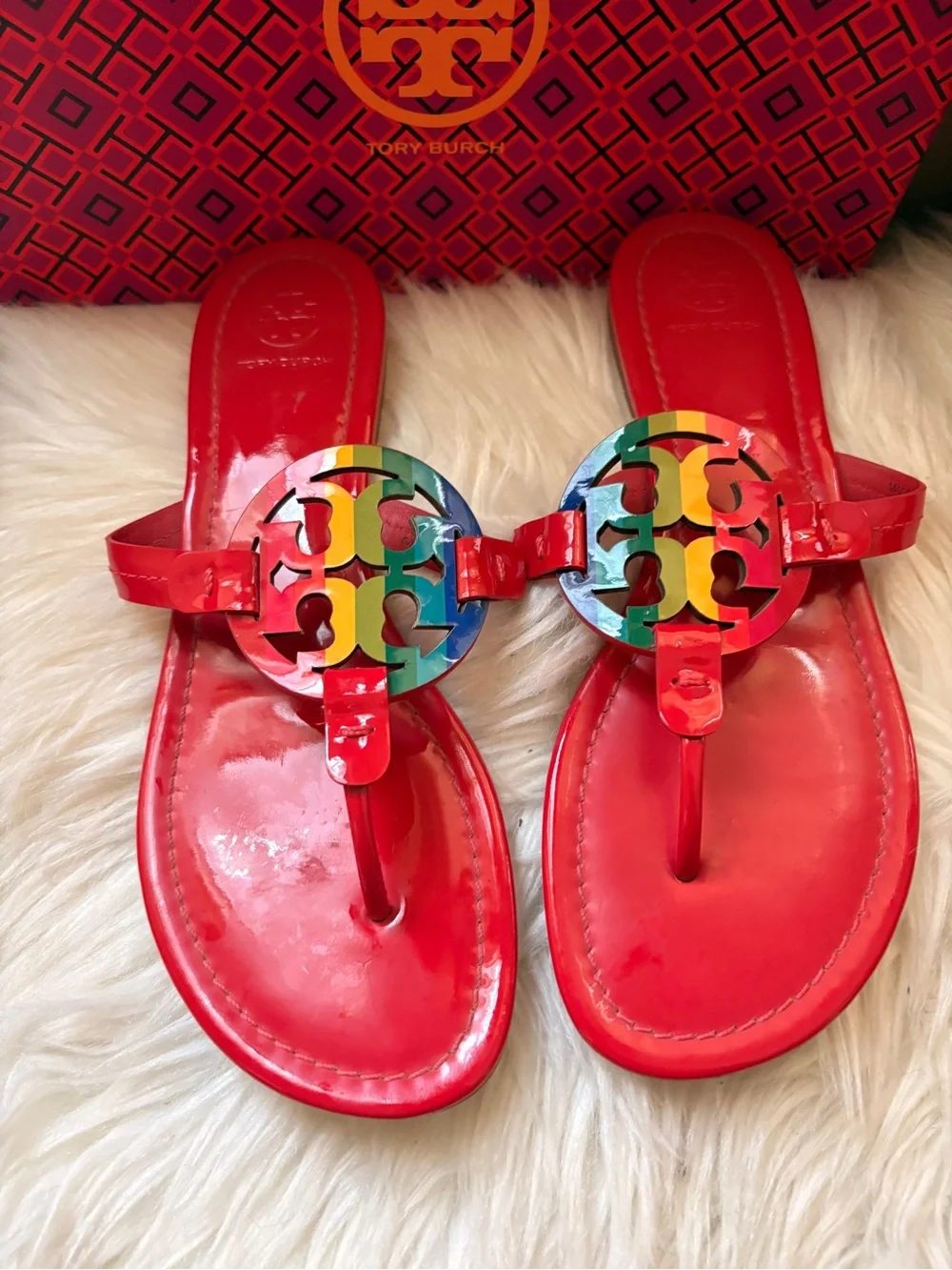 Tory Burch Red Patent Sandals with Multicolor Logo Medallion